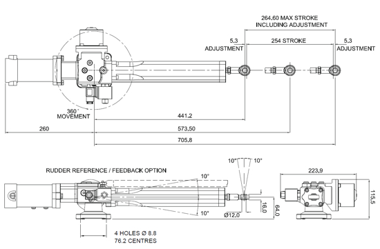 B&G Hydraulic RAM T1 12v Dimensions